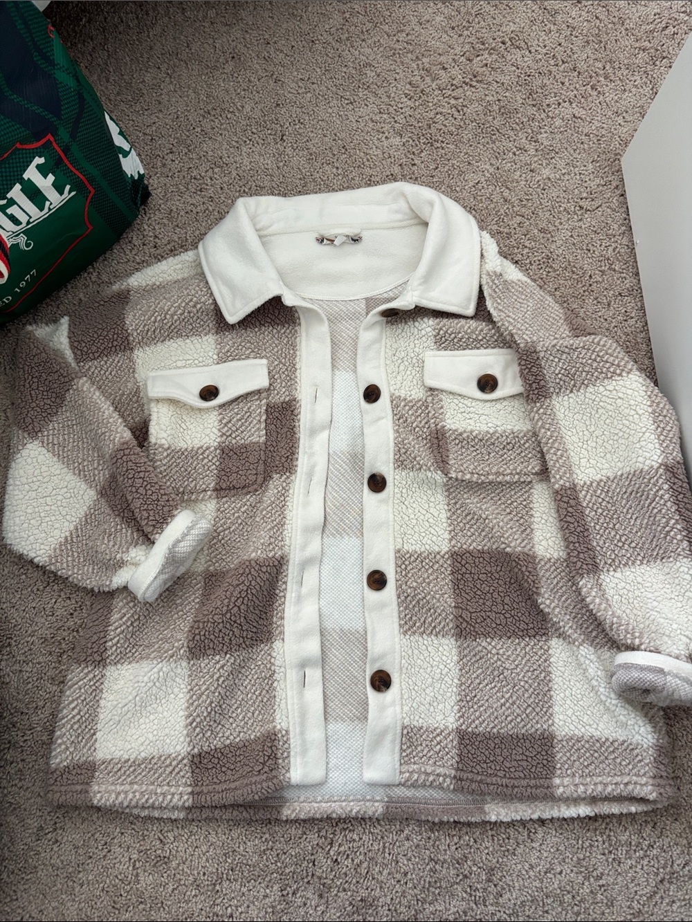 Cream Sherpa Fleece Top with Patterned Trim